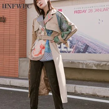 

2020 Spring New Long-sleeved Abstract Pattern Printing Stitching Fashion Ladies Irregular Hem Khaki Trench Coat T477