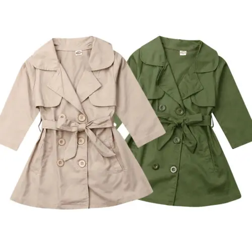 

2-7Y Kids Baby Girl Child Wind Jacket Trench Coat Solid Single Breasted Belt Parka Overcoat Outwear