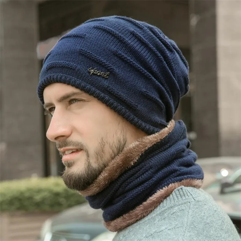 Зимняя мужская шапка и шарф, Мужская теплая вязаная плюшевая шапка в рубчик, комплект из 2 предметов, мужские шапочки, шапка с кольцом, шарфы, серые аксессуары для взрослых