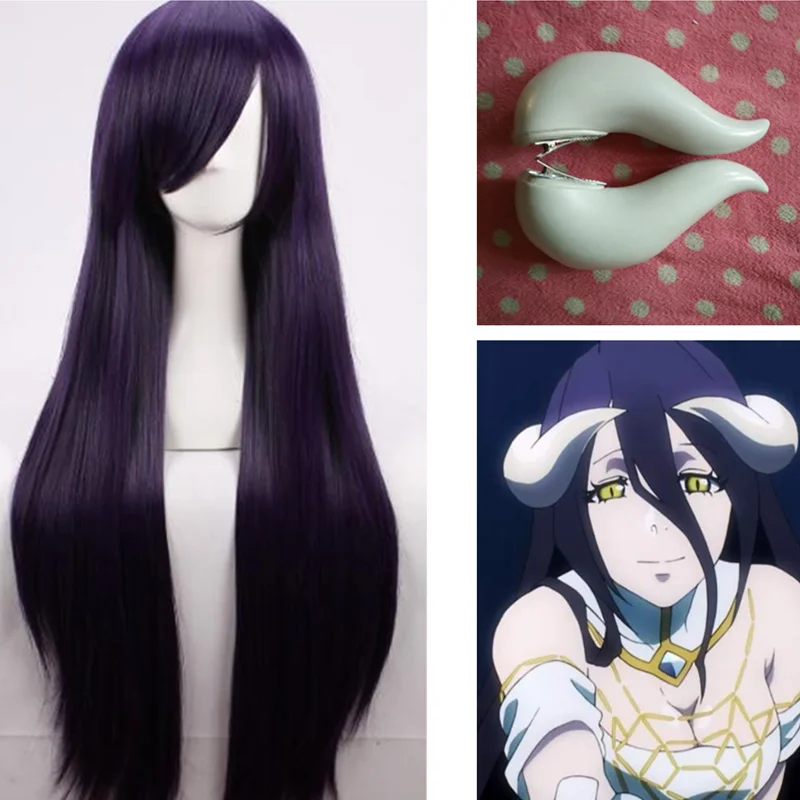 Overlord Albedo cosplay Prop белый бык рога с зажимом для женщин волос девушка фиолетовый прямые волосы взрослых косплей парик