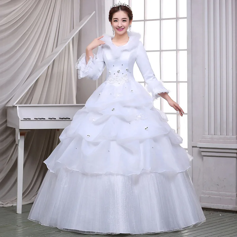 

2019 Vestido De Noiva Edition Show Thin Wedding Ceremony Clothes To Keep Warm Winter Cotton Long Sleeve Fall Thick Collars Bind