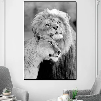 

Black and white lion African wild lion family animal canvas decoration painting wall pictures for living room canvas painting