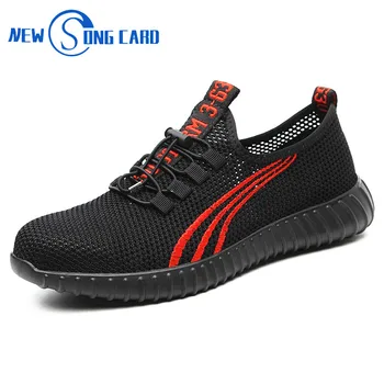

2019 summer breathable Men's work safety Shoes fashion mesh steel toe caps Sneaker anti-pierce New song card Men security boots