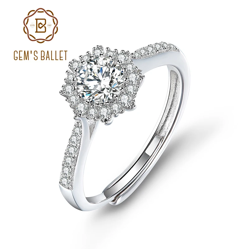 

GEM'S BALLET 925 Sterling Silver Moissanite Adjustable Rings For Women Wedding 0.5CT VVS1 Moissanite Diamond Halo Promise Rings