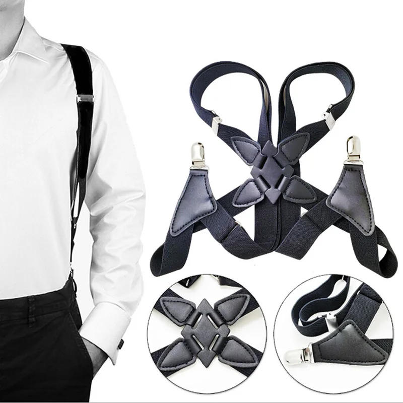 New Suspenders Men Wide Adjustable Four Clip-on X- Back Elastic Black  Heavy Duty Braces Suspenders Mens