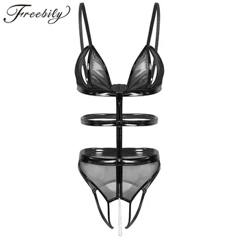 

Hot Sexy Women Erotic Underwear Sheer Mesh Lingerie Adjustable Spaghetti Straps Open Cups Crotchless Teddies Bodysuit Nightwear