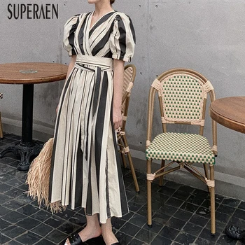 

SuperAen Summer New 2020 Women's Dress Striped Short Sleeve Cotton Fashion Ladies Dress V-neck Korean Style Women Clothing