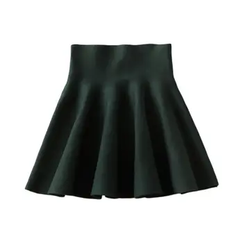 

Womens Autumn High Rise Pleated Mini Skater Skirt Plain Solid Color All-match Knitted Stretch Waist Casual Short Dress