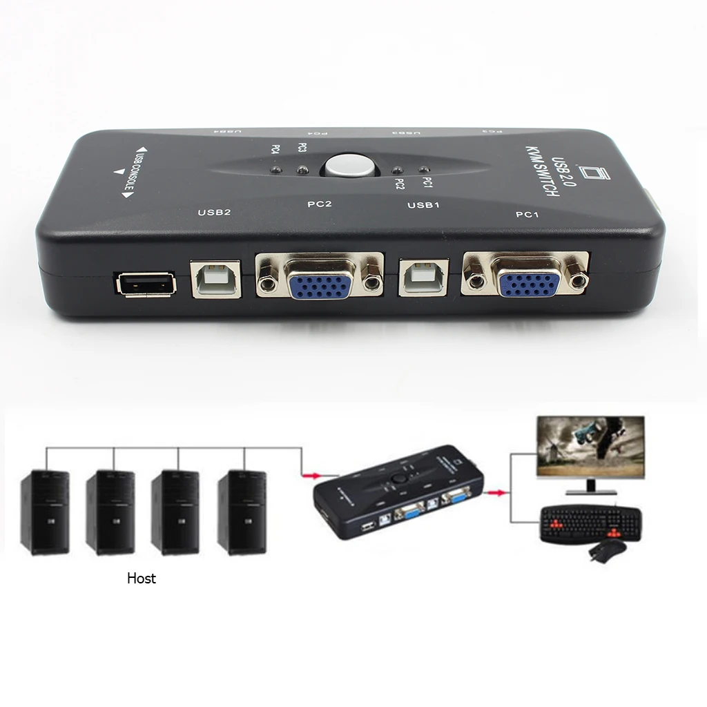 4 Ports VGA KVM Switch Box USB 2.0 SVGA Switcher with Cables for Keyboard Mouse Monitor PC Laptop C