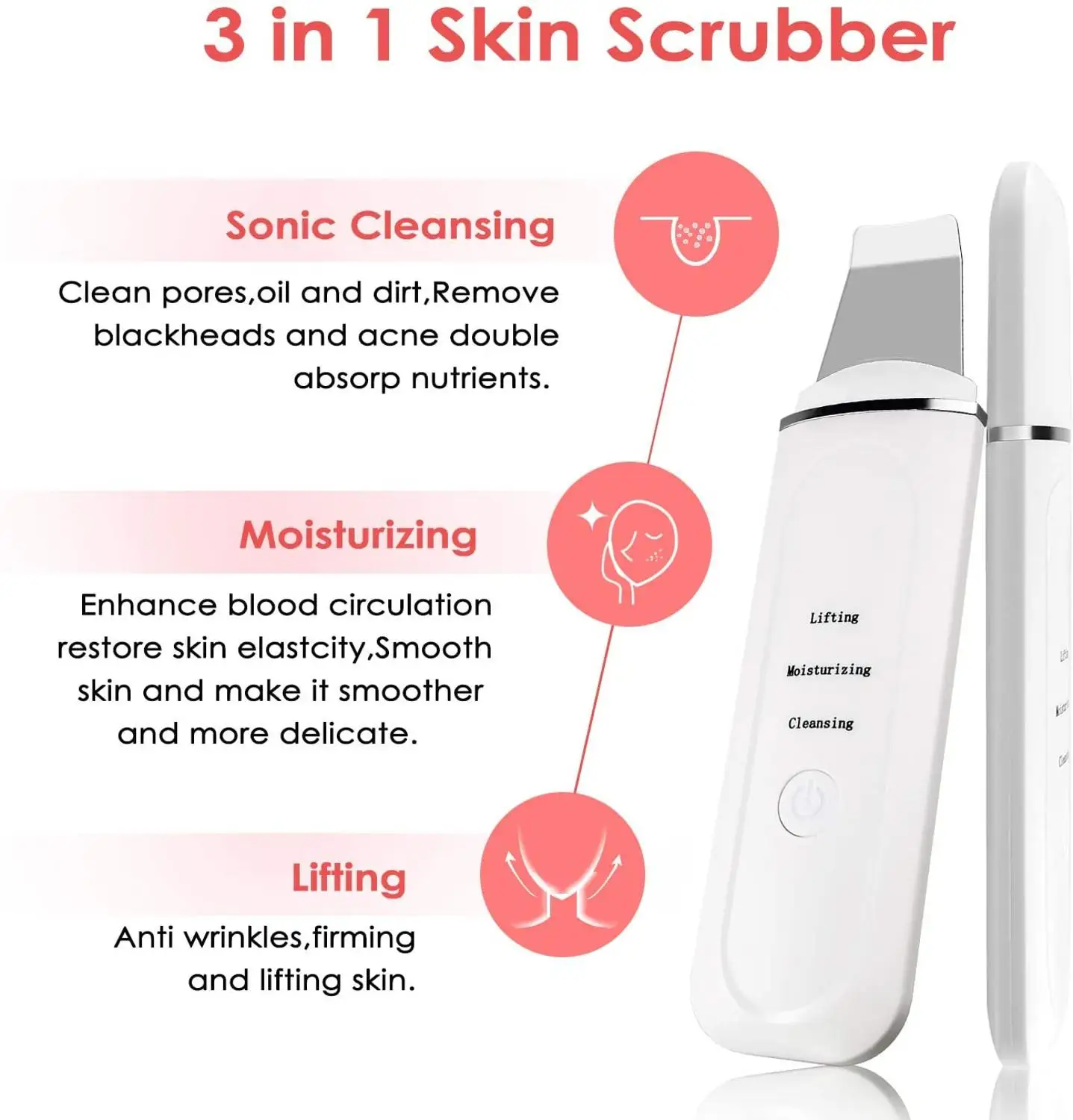 45&deg;C Heat Facial Skin Scrubber Electric Ultrasonic EMS Ion Face Cleaner Blackhead Removal Face Lifting Massager Wrinkle Remover