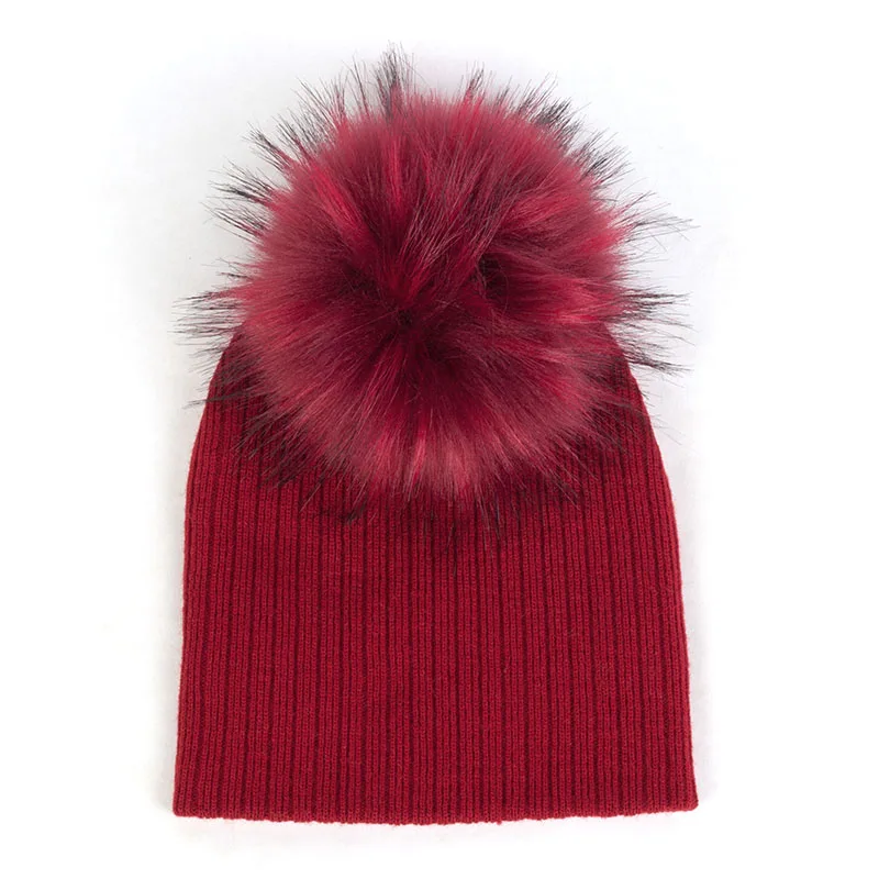 Wine red9 Autumn Winter Newborn Baby Girls Boys Kids Soft Cute Wool Hats Solid Color Ribbed Beanies Hats with Faux Fur Pompom Baby Hat - Цвет: Wine red9