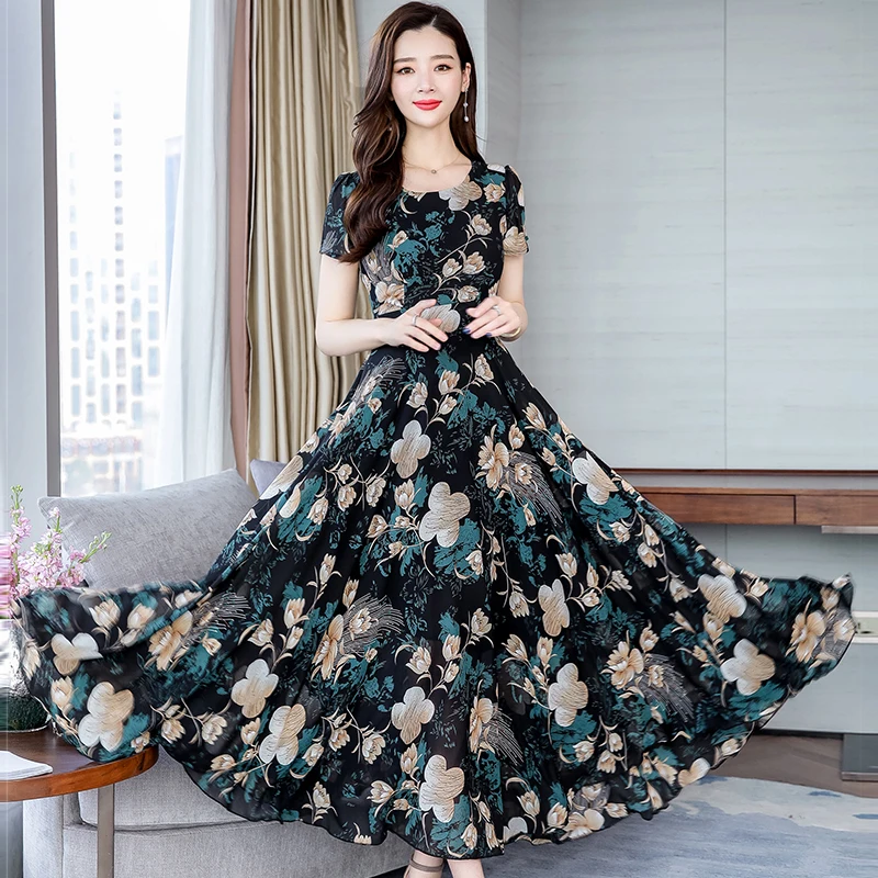 

2019 Elegant Floral Chiffon Boho Dresses Summer Vintage 3XL Plus Size Print Beach Maxi Sundress Women Bodycon Party Vestidos