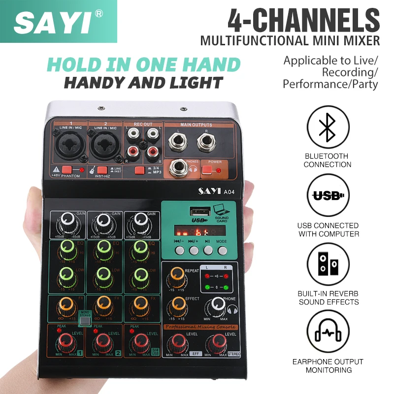 SAYI-minimezclador portátil A04, consola de música de DJ de Audio con USB, Bluetooth, 48V, potencia fantasma para PC, grabar cantar, fiesta Webcast
