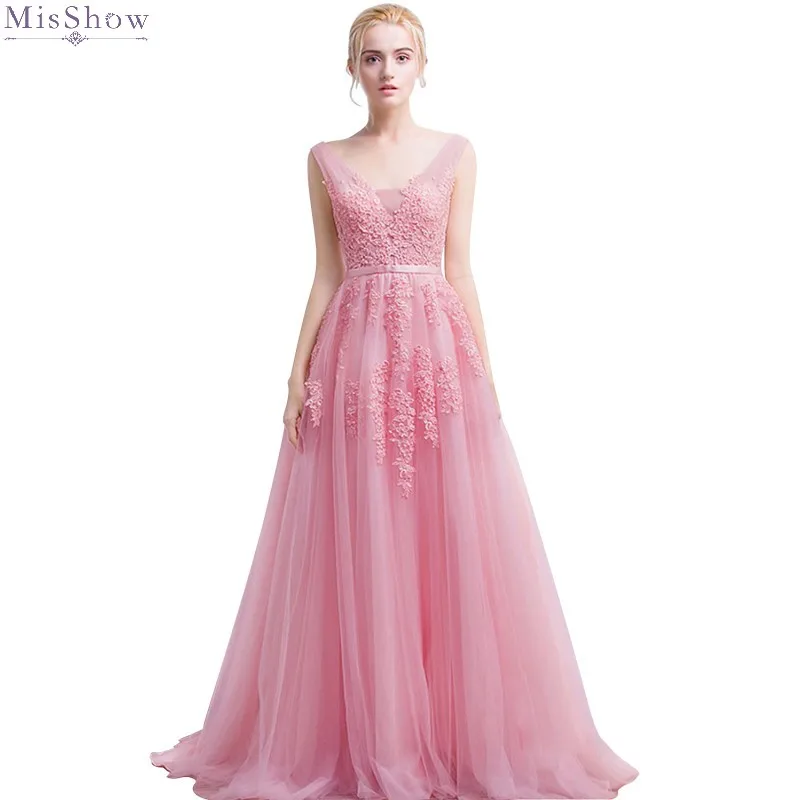 Misshow вечернее платье серебряное длинное фатиновое торжественное платье с бисером трапециевидной формы с v-образным вырезом без рукавов robe de soiree - Цвет: Dusty Pink