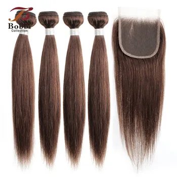 

BOBBI COLLECTION Indian Straight Hair 3/4 Bundles With Closure Color 4 Chocolate Brown Non-Remy Human Hair Extensions