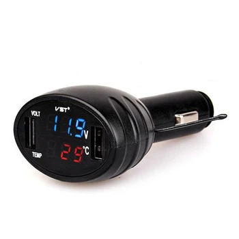 

3 In 1 Digital Led Voltmeter Thermometer Monitor Dual Usb Car Charger 12V/24V Temperature Meter Voltmeter Phone Charger Blue Dis