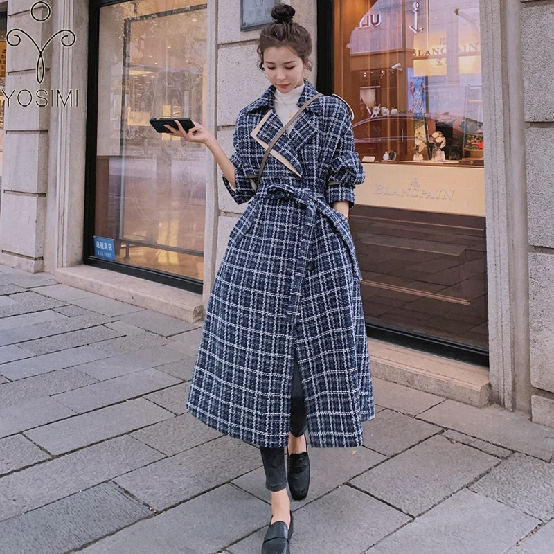

YOSIMI Women Wool Coat 2020 Autumn Winter Maxi Plus Size Gray Plaid A-line Turn-down Collar Long Woolen Coats and Jackets Women