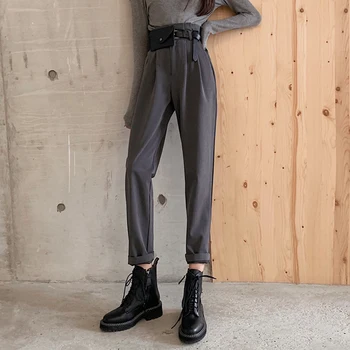 

2020 Spring High Waist Harem Pants Women Balck Elegant Suit Pants Korean Vintage Handsome Pocket Loose Trousers