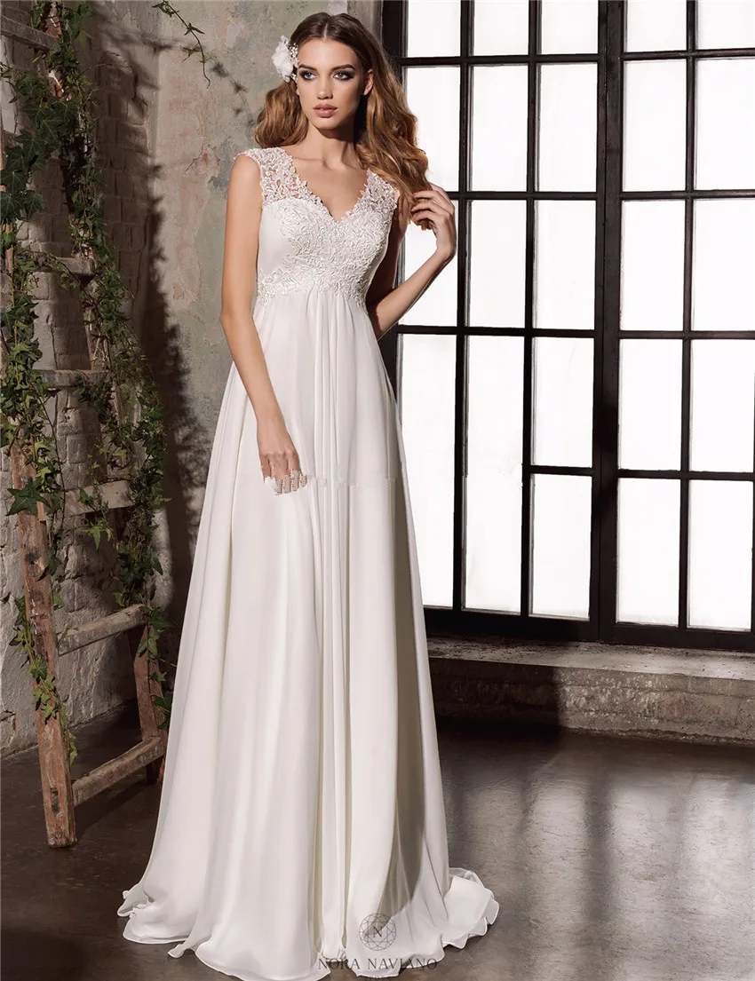 

Sexy V-neck Cap Sleeve Chiffon Beach Wedding Dress 2017 Backless Cheap Wedding Dress Corset Back Vestido Noiva