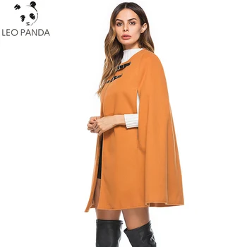 

Leather Winter Autumn Buckle Cloak Poncho Women Coat New Fashion Round Neck Woolen Overcoat Female Autumn Loose Cape Coat ZX1309
