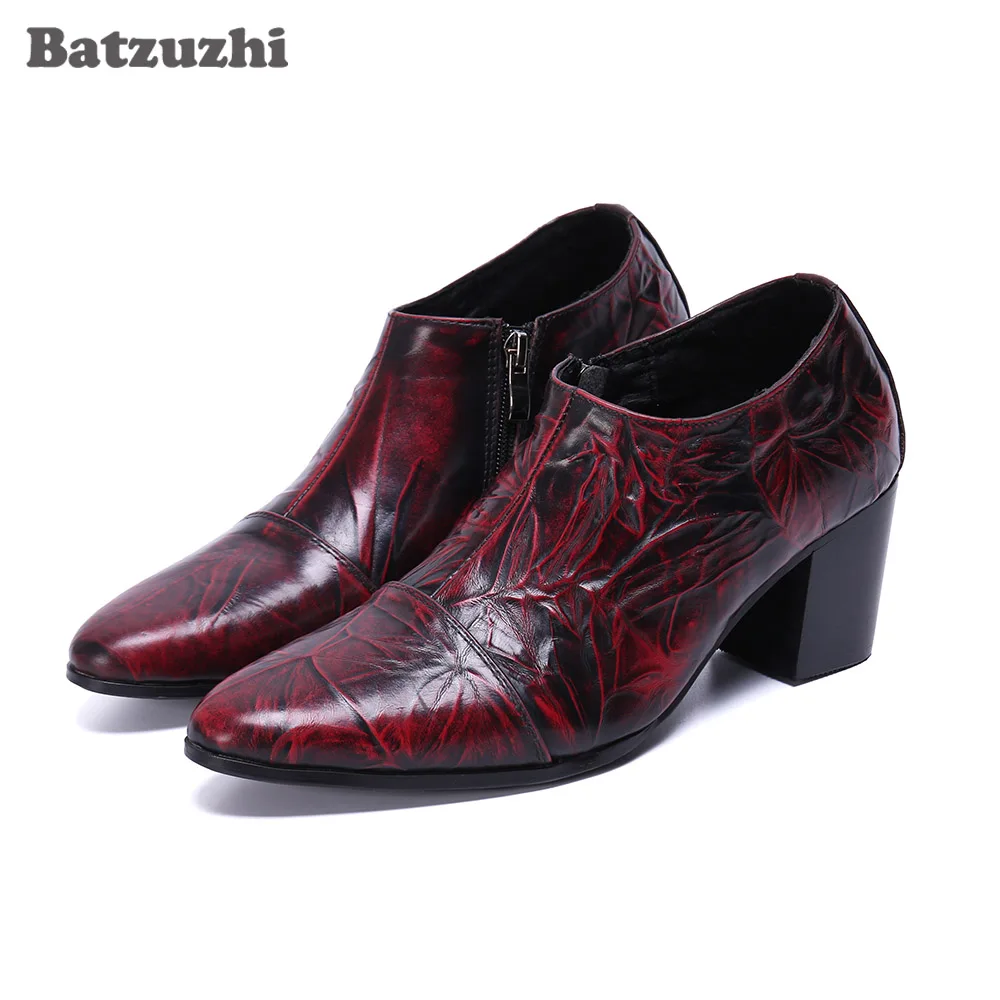 

Batzuzhi 7cm High Heels Genuine Leather Ankle Boots Men Wine Red Party & Wedding Dress Boots Men Botas Hombre, Big Size US6-12!