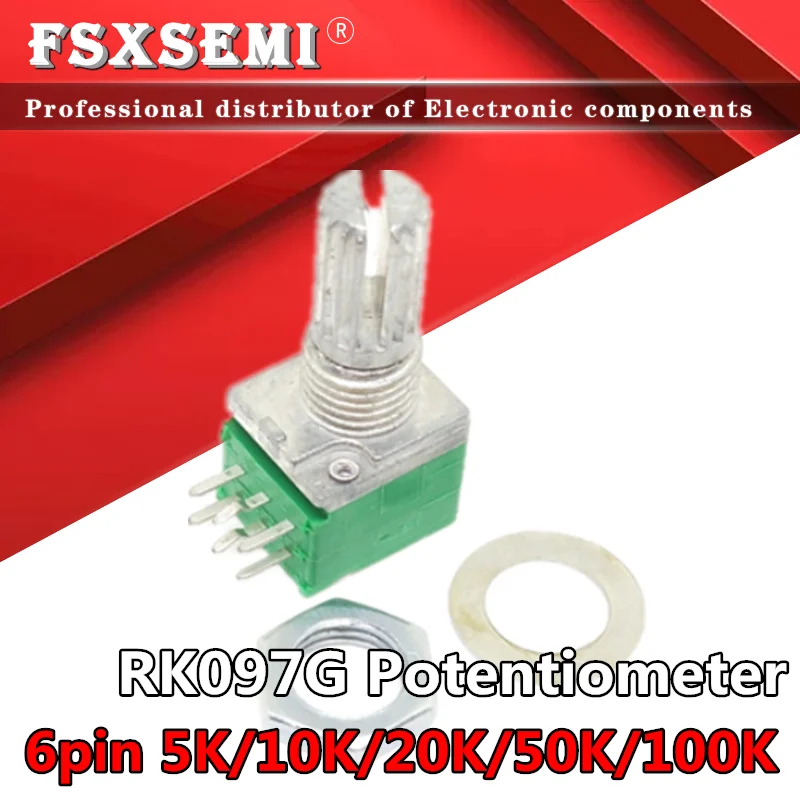 

10pcs RK097 RK097G 6Pin 5K 10K 20K 50K 100K B5K with a switch audio shaft 15mm amplifier sealing potentiometer