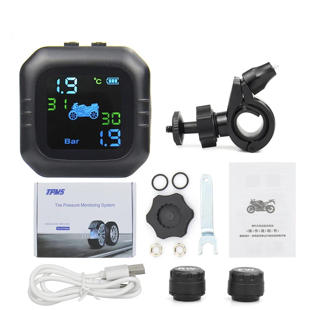 Tyre Temperature Monitoring Alarm System with 2 External Sensors USB Solar Charging Motorcycle TPMS Motor Tire Pressure