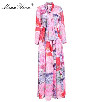 

MoaaYina Fashion Designer dress Spring Autumn Women's Dress Long sleeve Ribbon Floral-Print Vacation Maxi Dresses