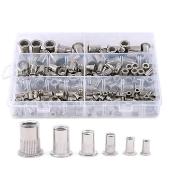 

304 Stainless Steel Flat Head Threaded Rivet Nut Insert Nutsert Rivet Nut Assortment Kit - M3 M4 M5 M6 M8 M10(180Pcs)