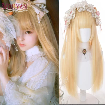 

HOUYAN Golden Wig With Bangs Long Straight Synthetic Hair Custom Party Cosplay Lolita Wigs For Black/White Women Heat Resistant