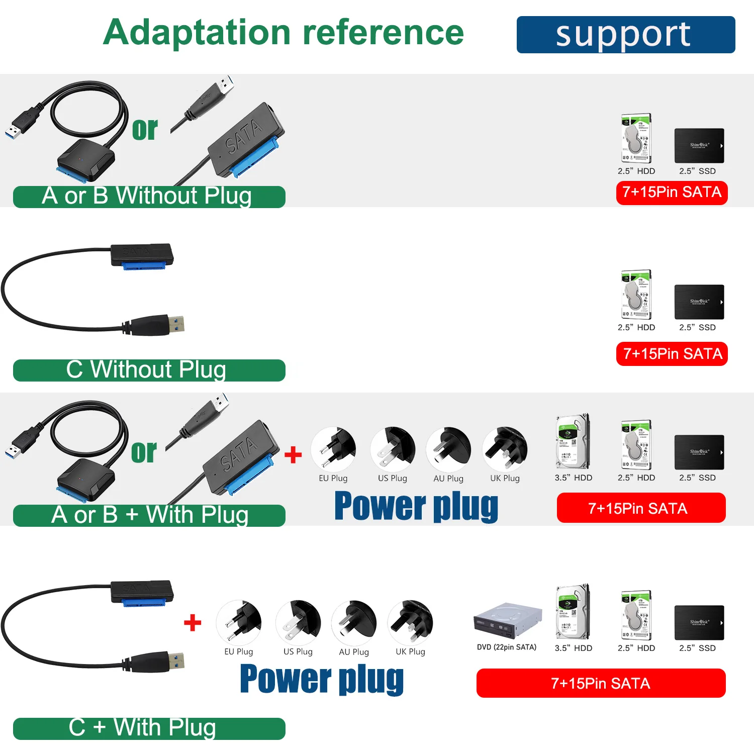 Sata USB Adapter Sata To USB 3.0 Adapter USB SATA Cable UP To 6 Gbps Support 2.5 or 3.5Inch External SSD HDD 22 Pin SATA3 Hard Drive Cable