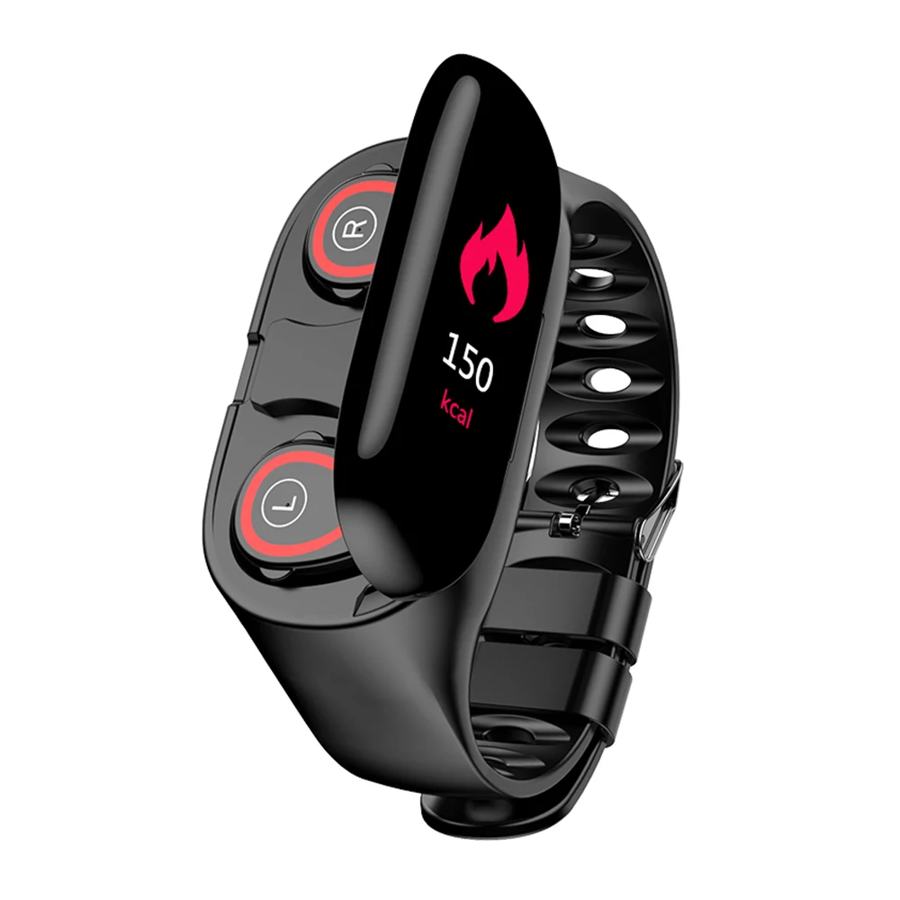 Беспроводные Bluetooth наушники с монитором сердечного ритма, стерео наушники-вкладыши, гарнитура, длительное время ожидания, спортивные часы, браслет для мужчин - Цвет: Black