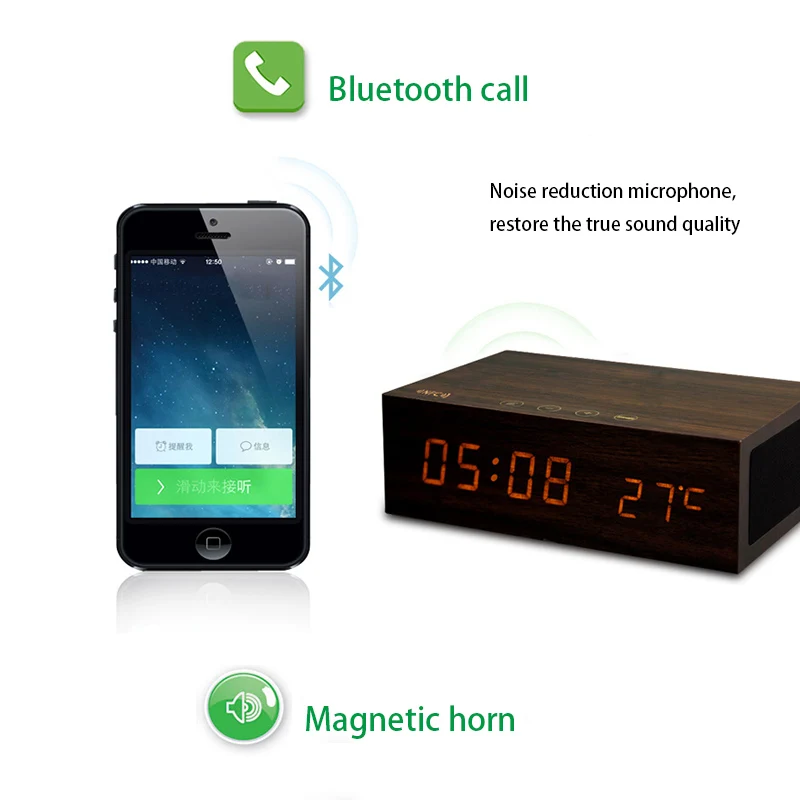 Умный Деревянный Будильник, светодиодный температурный Hd дисплей, Bluetooth, Hands-free, двойной Usb, зарядка, Nfc, Aux, воспроизведение, динамик