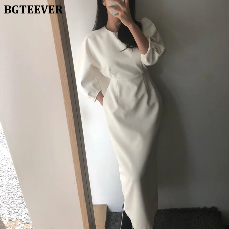 BGTEEVER, элегантное простое женское платье, посылка, в бедрах, Осень-зима, однотонное, приталенное, с высокой талией, женское длинное платье, обтягивающее платье