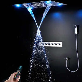 

600x800mm Recessed Ceiling Thermostatic Bathroom LED Shower Faucet Set Concealed Shower System Bath Rain Shower Head LED Panel