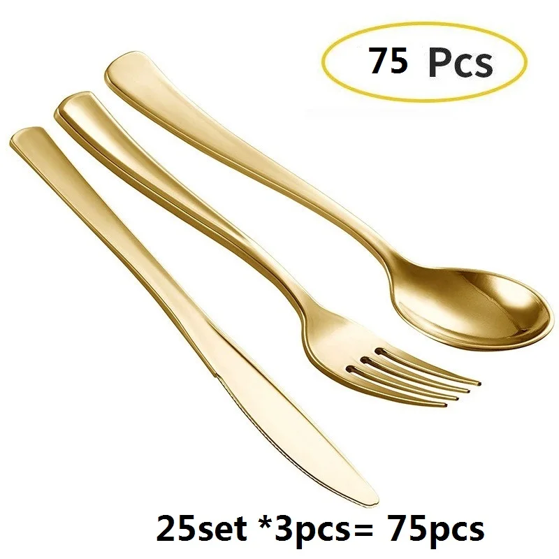 

75pcs Disposable Plastic Dinnerware Gold Wedding Party Tableware Set Dinner Knife Fork Spoon Birthday Party Christmas Cutlery