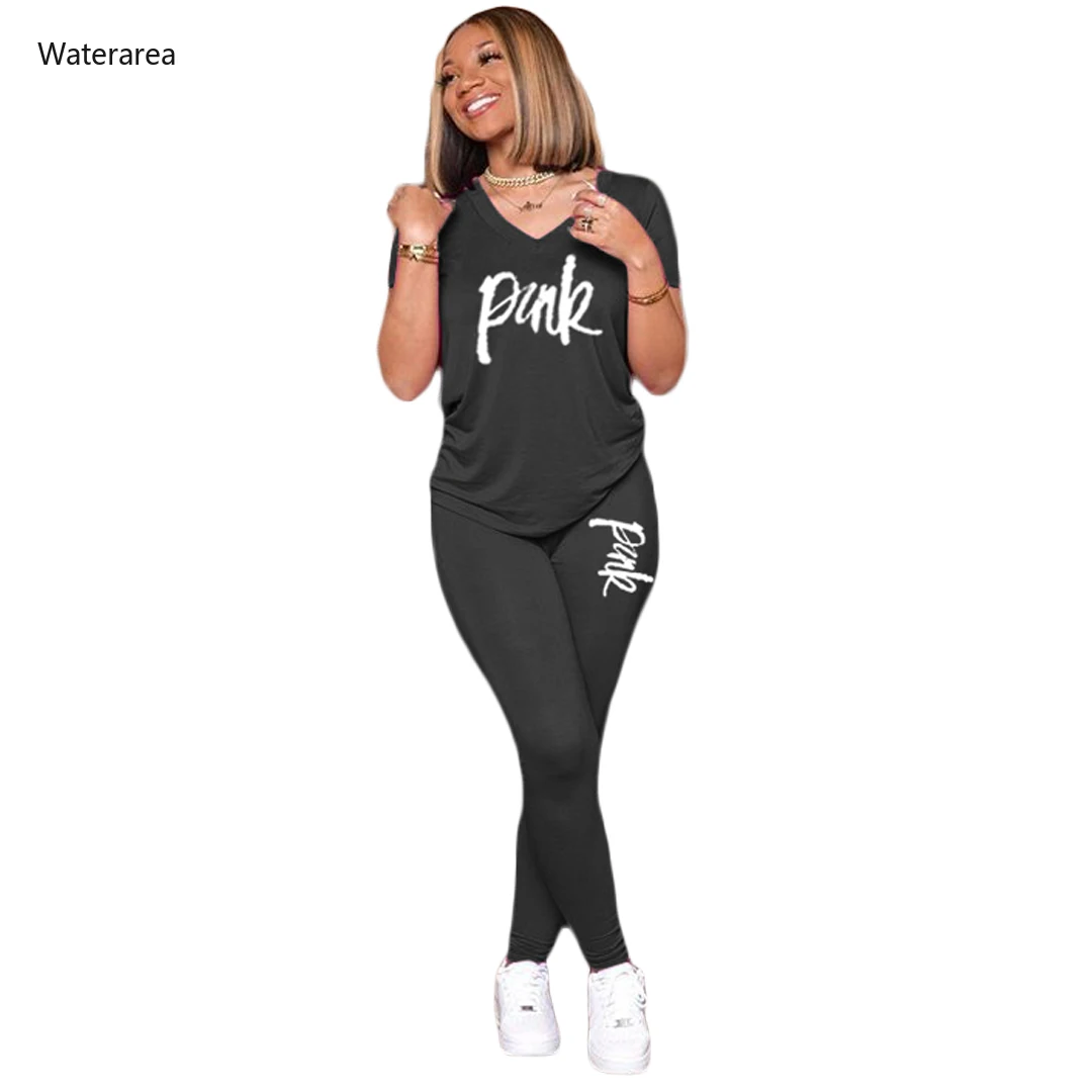 Спортивный женский комплект из 2 предметов розовые футболки с буквенным принтом