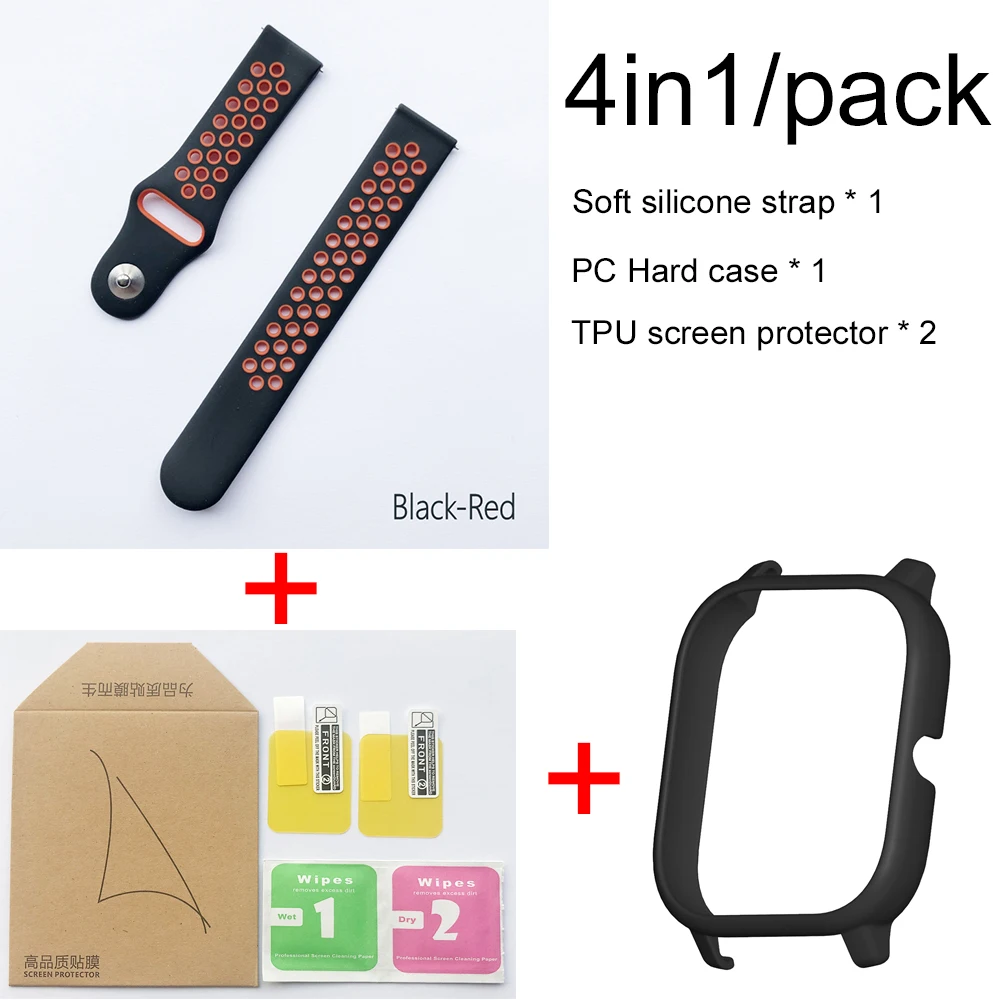 4в1 для Xiaomi Huami Amazfit GTS ремешок мягкий спортивный браслет из силикона Smartwatch Браслет с PC чехол Защита экрана - Цвет: Black red-black