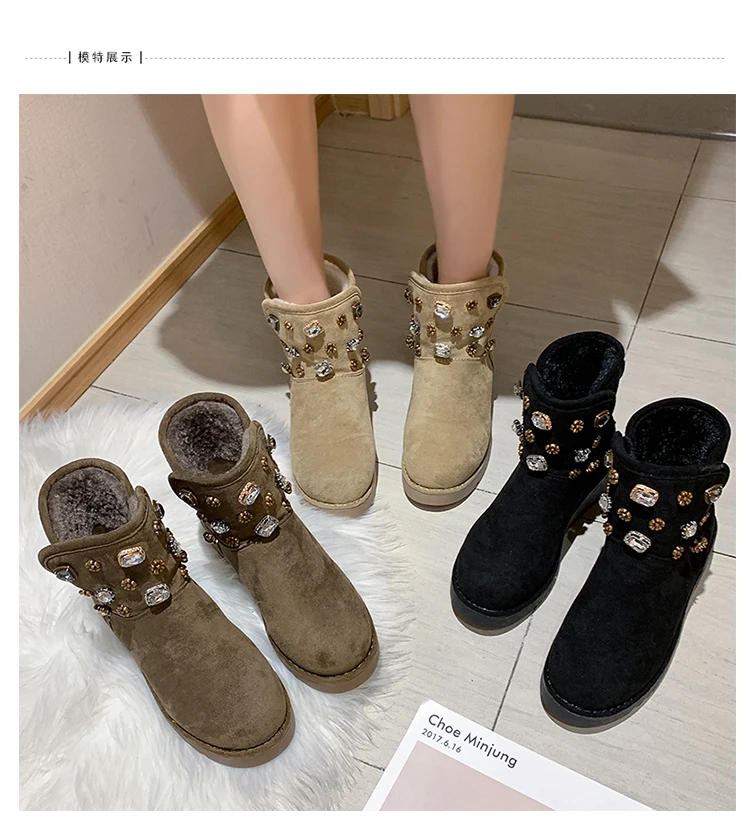 Winter Women Suede Plush Lining Ankle Fur Platform Snow Boots Flat With Black/Brown Rivet Emu Boots Fashion Cotton Shoes
