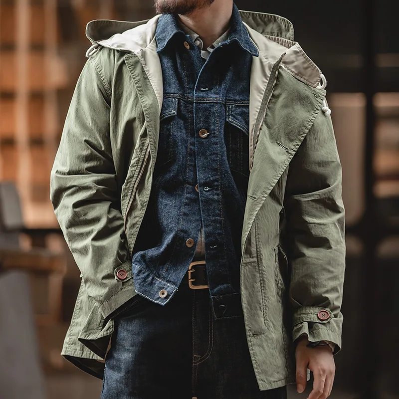 Maden Retro Army Men's Hooded Jakets Ground Crew Windbreaker Vintage Jacket RAF Air Force Mid-section Tooling Waist Folded Coats