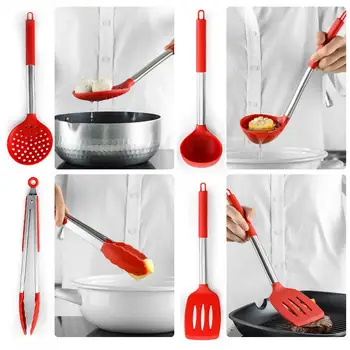 

Durable Egg Beater Red Food Grade Spatula Spoon Silicone Leakage Shovel Practical 14pcs Kitchen Tools Non-Stick Pan Black Ladle