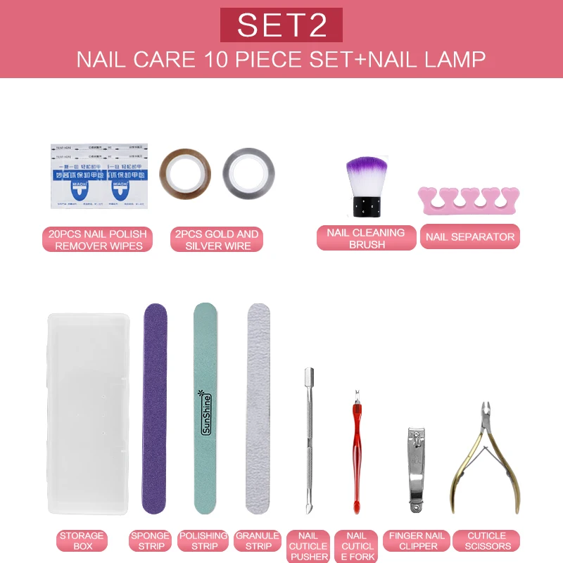Set 2 Модный женский Гель-лак для ногтей акриловый набор для ногтей Vernis полуперманентный УФ светодиодный набор инструментов для маникюра DIY наборы для гелевых ногтей с лампой - Цвет: Set 2