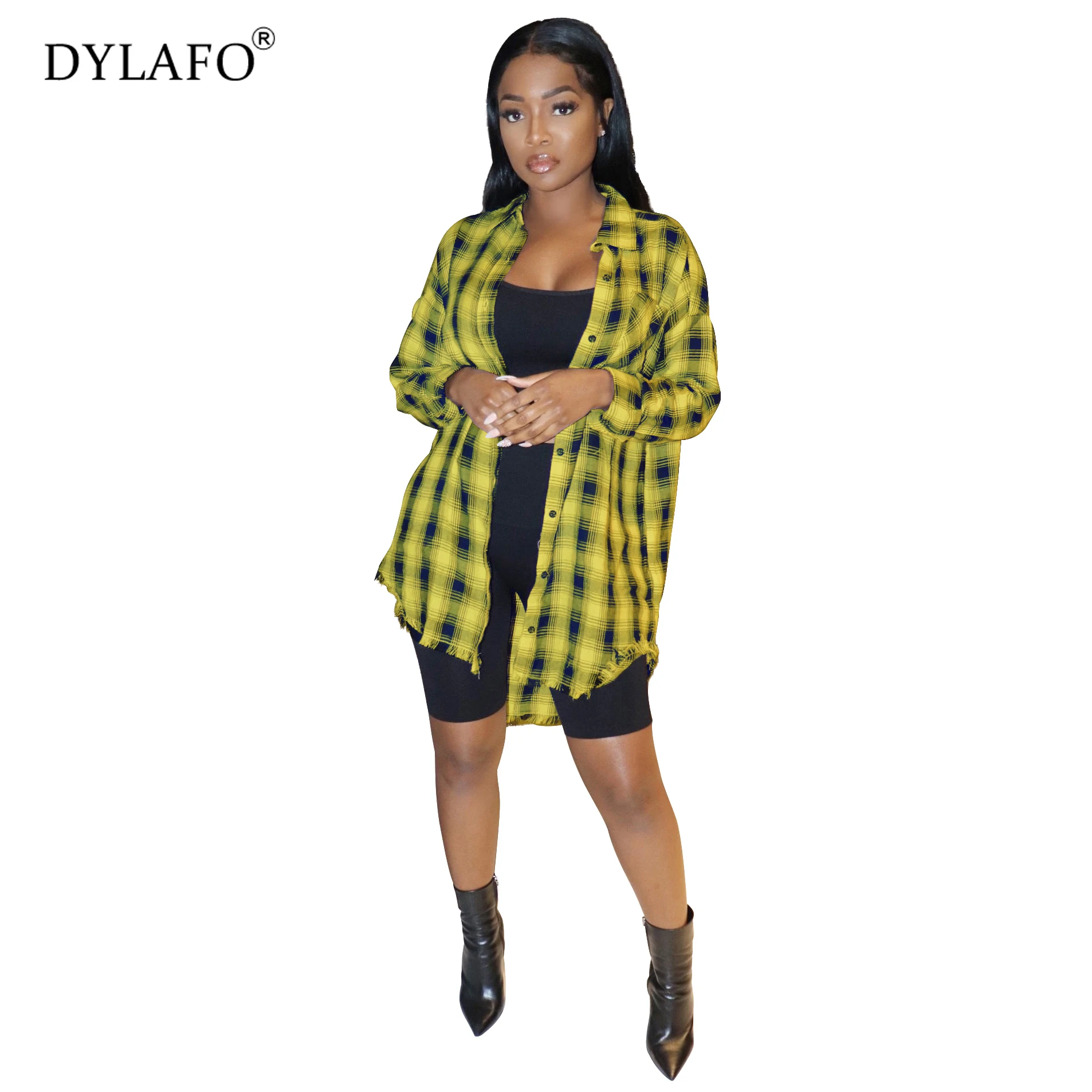 2021 New Fashion Medium length fund Casual Lapel Plus Size Blouses Women Plaid Shirt Shirts Female Long Sleeve Tops Blouse business casual long coat dark blue herringbone tailored 2021 tweed medium long jacket mid length coats mid length winter blazer