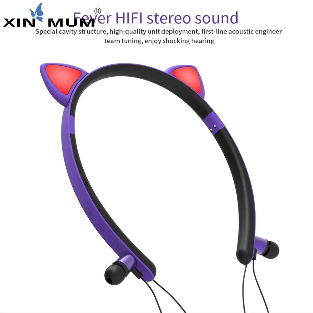 LED Glowing Cartoon Girl Headband Cat Ear Bluetooth Headphones Stereo True Wireless Headset with Microphone for Iphone Phones