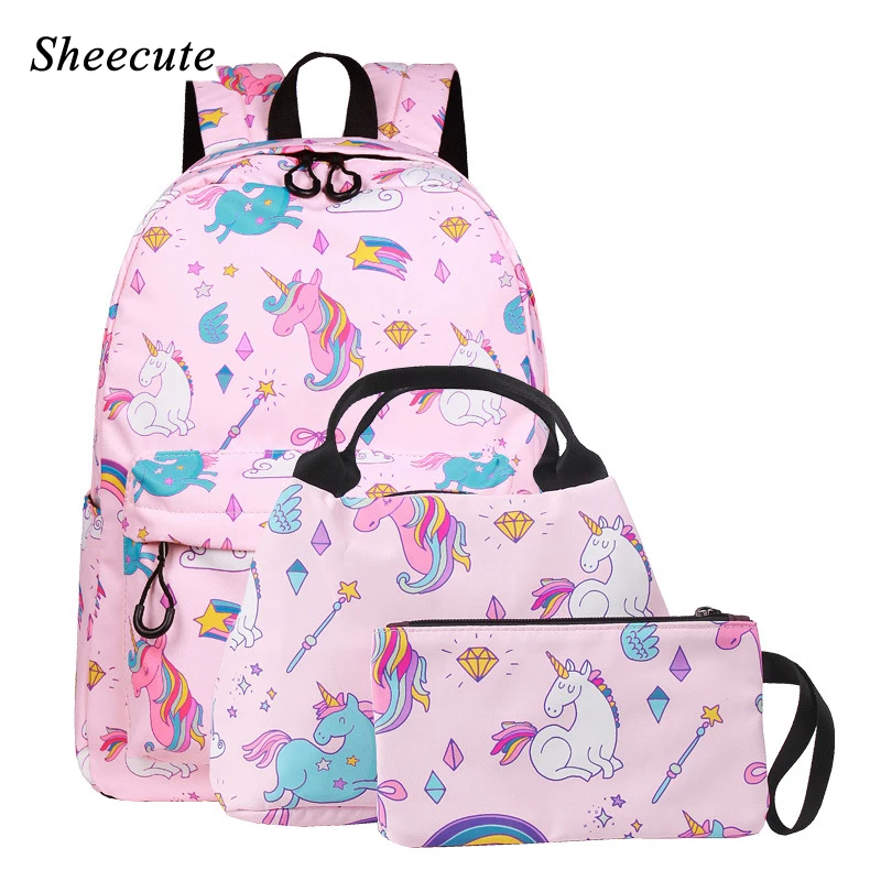 School-Bags Backpack Children Fashion Girls for Unicorn Print Kids High-Capacity 3pcs/Set