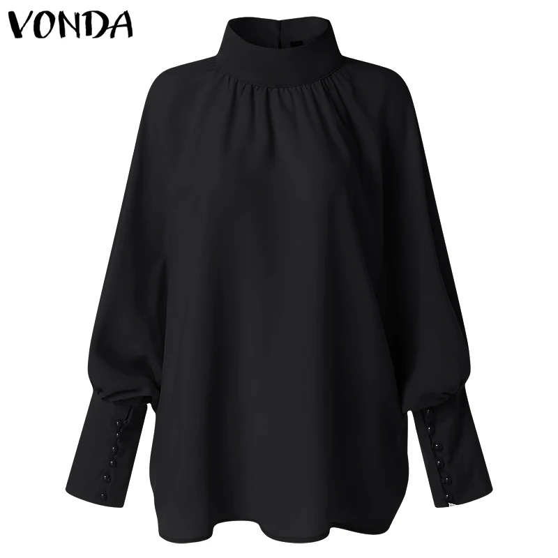Новинка VONDA, женские блузки,, Осенние сексуальные Блузы с длинным рукавом-фонариком, рубашки с высоким воротом, элегантные пуговицы, повседневные свободные топы размера плюс