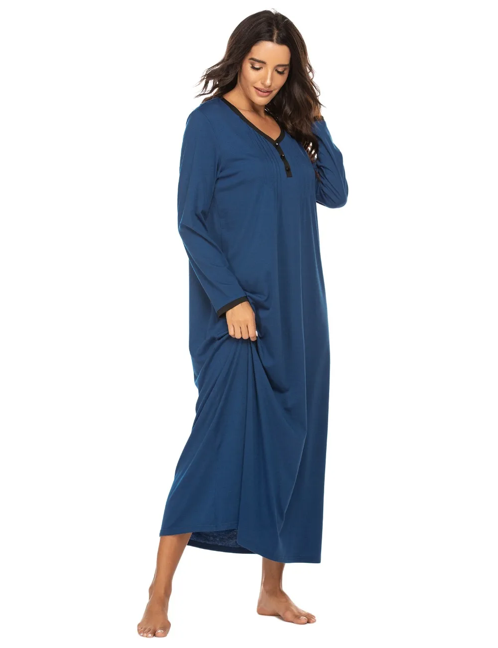 Ekouaer Длинная сорочка, платье для сна одежда для сна, для отдыха платье для сна Для женщин Повседневное с О-образным вырезом с длинным рукавом спереди плиссированные ночная рубашка