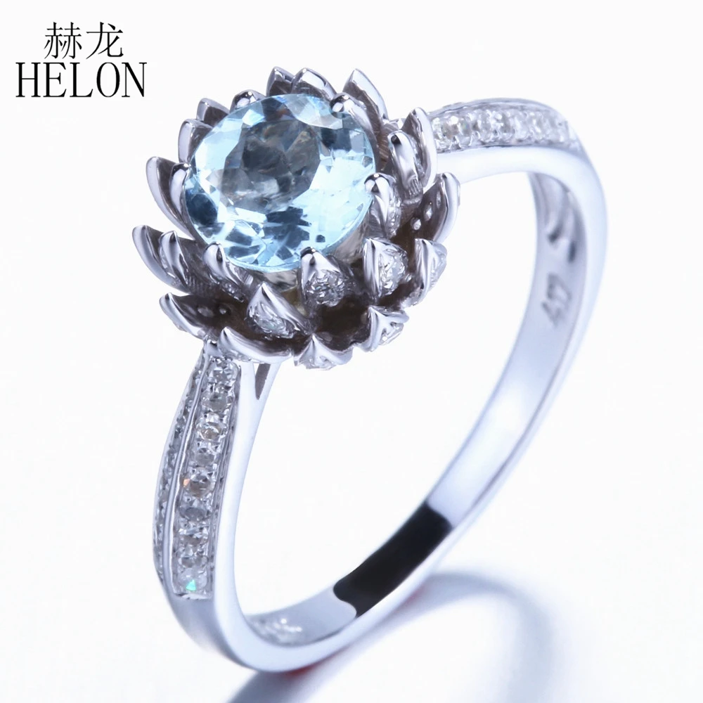 

HELON Solid 10k White 6mm Round 0.43ct Genuine Natural Aquamarine 0.43ct Diamond Engagement Wedding Trendy Fine Jewelry Ring