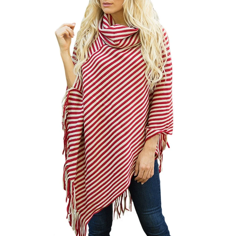 

Striped Knit Sweater Women Spring Autumn 2020 Turtleneck Cloak Woman Sweaters Loose Fashion Tassel Hem Patchwork Knitted Wear