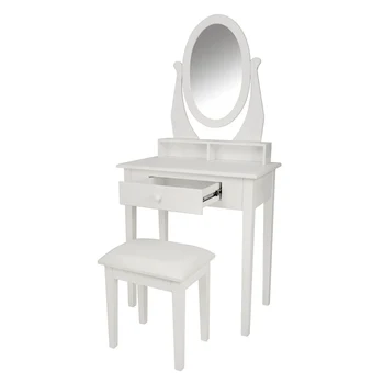 

Vanity Set Dressing Table with Cushioned Stool Oval Makeup Mirror Writing Desk 3 Removable Drawers